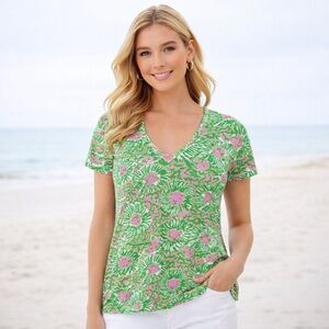 Lilly Pulitzer Sunnyside Lion V-Neck Short Sleeve Top Shirt S Pink Green Beachy